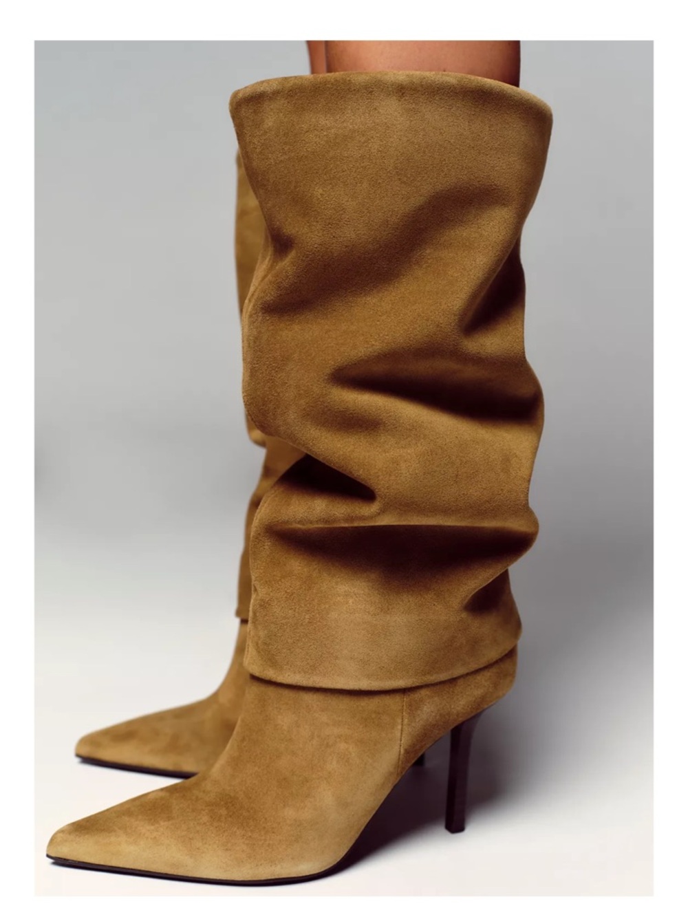 Zara Tall Pointed-Toe Suede Heeled Boots in Brown